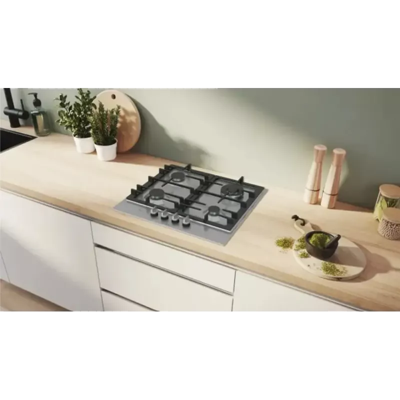 Įmontuojama dujinė kaitlentė Bosch PCH6A5I90 — 60 cm, nerūdijantis plienas, 4 dujinės zonos + 1 wok degiklis, Flame Select, ketaus grotelės
