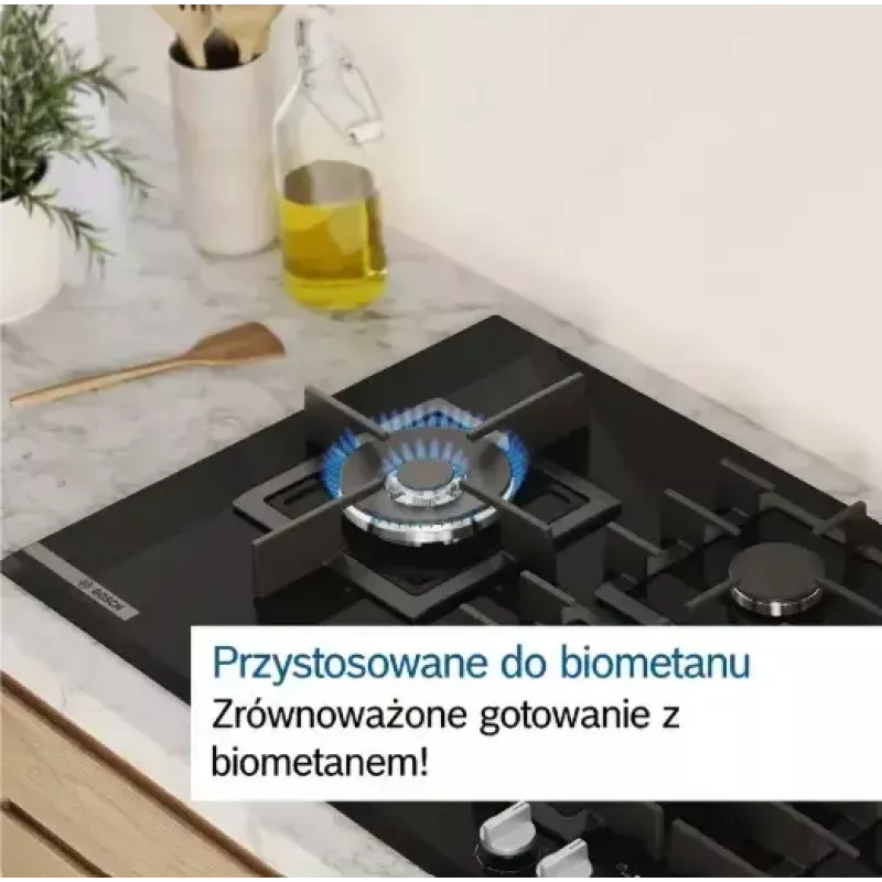 Įmontuojama dujinė kaitlentė Bosch PCH6A5I90 — 60 cm, nerūdijantis plienas, 4 dujinės zonos + 1 wok degiklis, Flame Select, ketaus grotelės