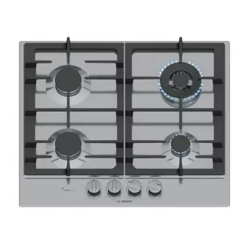 Įmontuojama dujinė kaitlentė Bosch PCH6A5I90 — 60 cm, nerūdijantis plienas, 4 dujinės zonos + 1 wok degiklis, Flame Select, ketaus grotelės