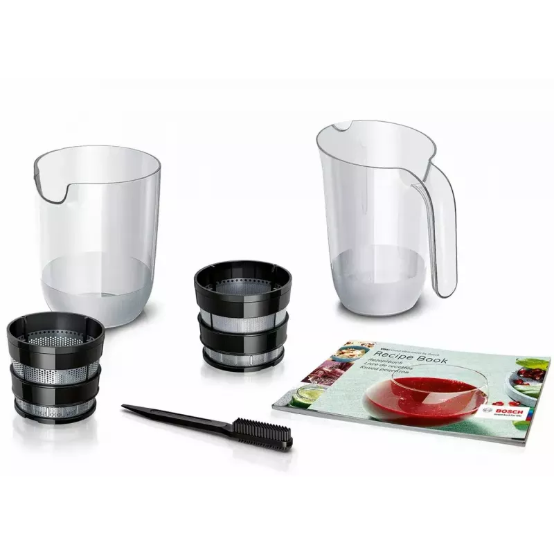 Lėtoji sulčiaspaudė Bosch MESM500W — 150 W variklis, 1 L sulčių talpykla, kompaktiška 152×152×427 mm, balta/juoda