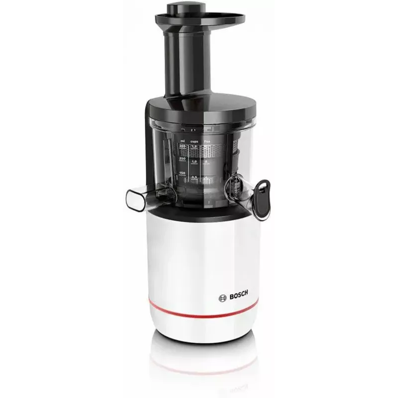 Lėtoji sulčiaspaudė Bosch MESM500W — 150 W variklis, 1 L sulčių talpykla, kompaktiška 152×152×427 mm, balta/juoda
