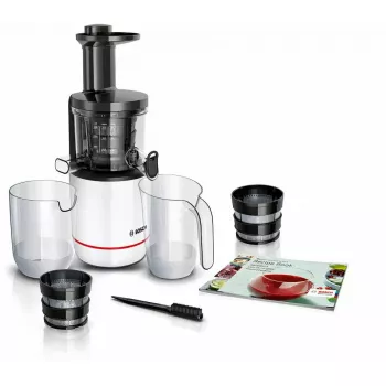 Lėtoji sulčiaspaudė Bosch MESM500W — 150 W variklis, 1 L sulčių talpykla, kompaktiška 152×152×427 mm, balta/juoda