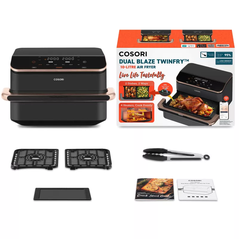 Cosori Dual Blaze Twinfry Chef Edition Dviguba 10 L atskirai stovinti 2800 W karšto oro gruzdintuvė Tamsiai pilka, Rožinis auksas