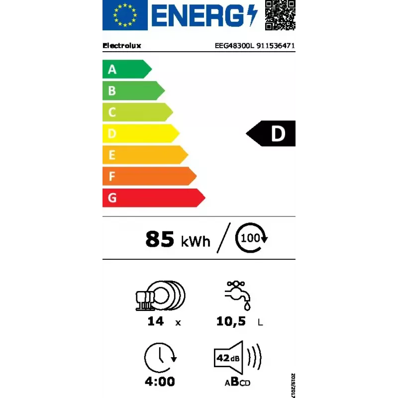 Įmontuojama indaplovė Electrolux EEG48300L – 14 vietų komplektų, 42 dB, 60 cm