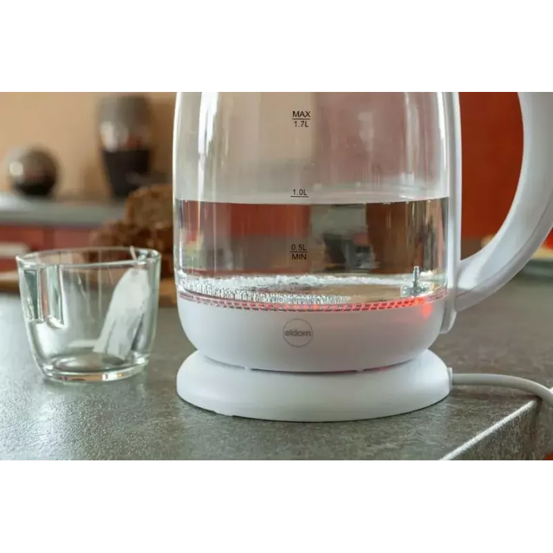 Elektrinis virdulys Eldom C510B 1,7 L 2200 W Baltas — stiklo ir plastiko korpusas, mygtuku atidaromas dangtis, belaidė 360° pasukama bazė
