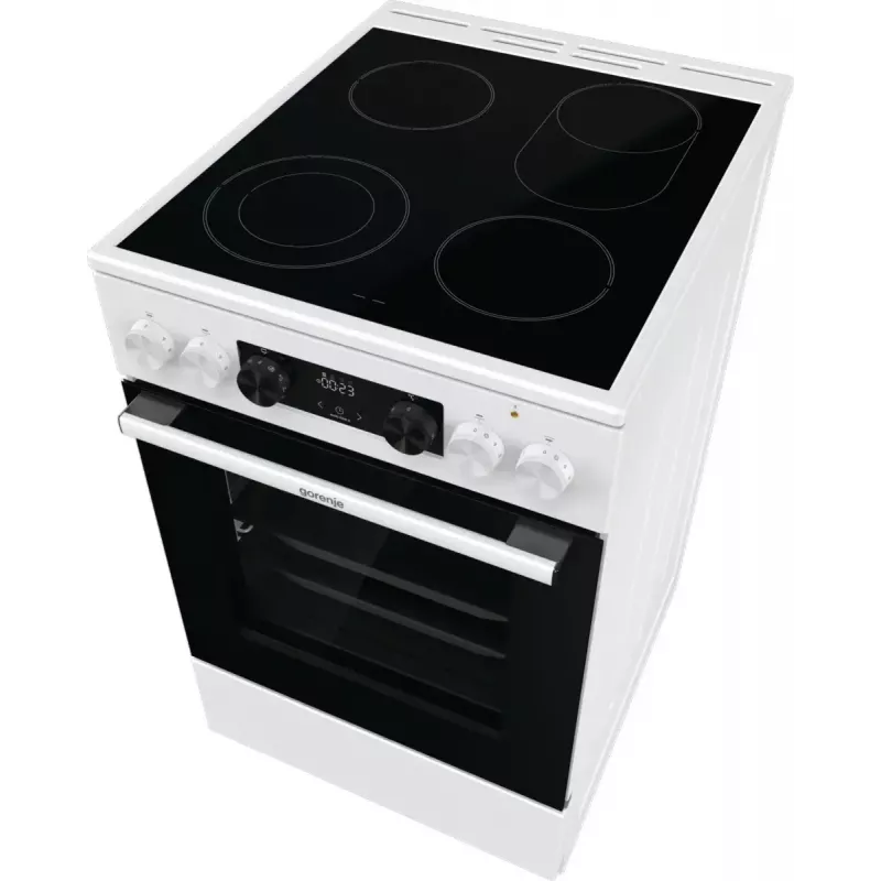 Laisvai pastatoma viryklė Gorenje GECS5C70WA Elektrinė kaitlentė su ritiniais, 4 zonos, balta, orkaitė 70 l, sukamieji valdikliai, LED ekranas