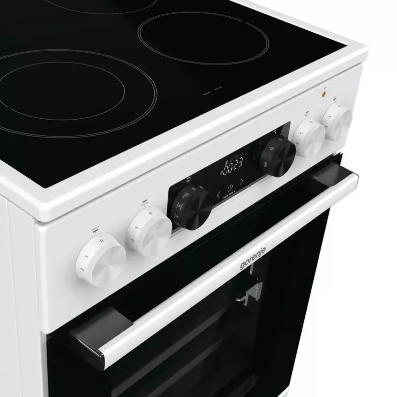 Laisvai pastatoma viryklė Gorenje GECS5C70WA Elektrinė kaitlentė su ritiniais, 4 zonos, balta, orkaitė 70 l, sukamieji valdikliai, LED ekranas