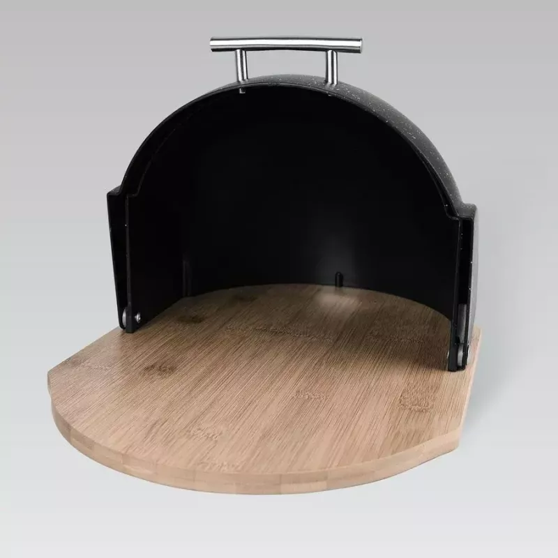 Duonos dėžutė Maestro MR-1678G-Juoda — ovalus duonos laikymo indas, plastikinis su bambukiniu dangčiu, 350×200×250 mm