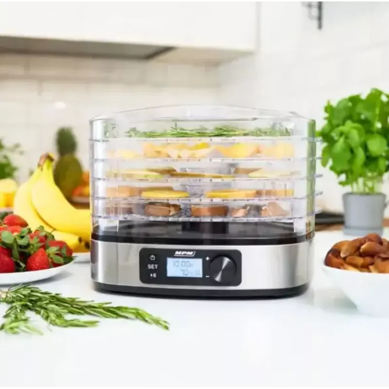 Maisto džiovyklė MPM MSG-12 dehidratorius, 6 padėklai, 380 W, 35–75 °C, 0,5–36 h laikmatis, nerūdijančio plieno korpusas