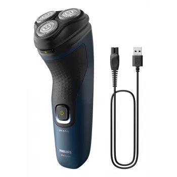 Elektrinis vyrų barzdaskutė Philips S1151/00 rotacinė 3 galvučių, NiMH baterija, sausa ir šlapia, 40 min veikimo laikas, juoda / mėlyna