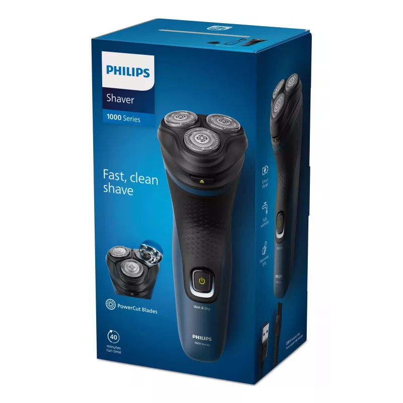 Elektrinis vyrų barzdaskutė Philips S1151/00 rotacinė 3 galvučių, NiMH baterija, sausa ir šlapia, 40 min veikimo laikas, juoda / mėlyna
