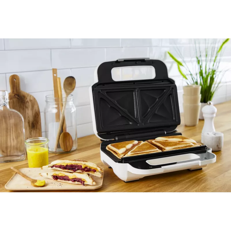 Sumuštinių keptuvas Tefal SW7011 — 850 W, nerūdijantis plienas ir balta, kompaktiškas 238×276×98 mm