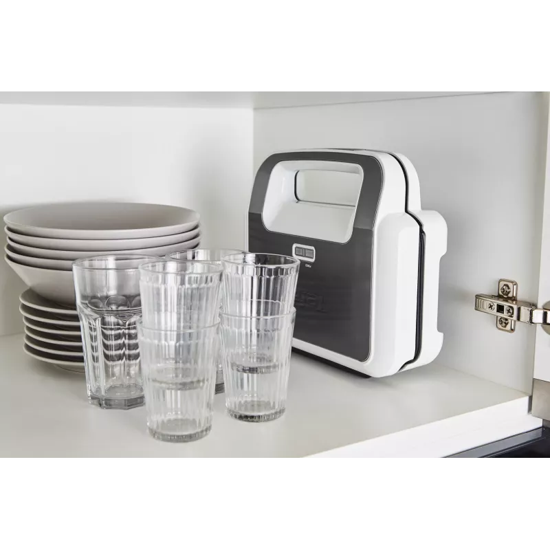Sumuštinių keptuvas Tefal SW7011 — 850 W, nerūdijantis plienas ir balta, kompaktiškas 238×276×98 mm
