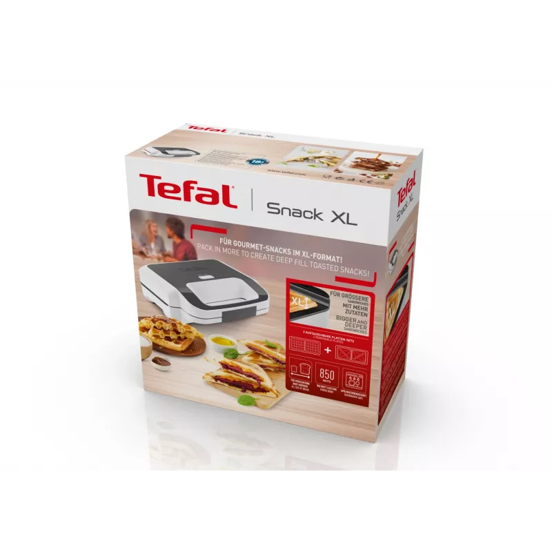 Sumuštinių keptuvas Tefal SW7011 — 850 W, nerūdijantis plienas ir balta, kompaktiškas 238×276×98 mm
