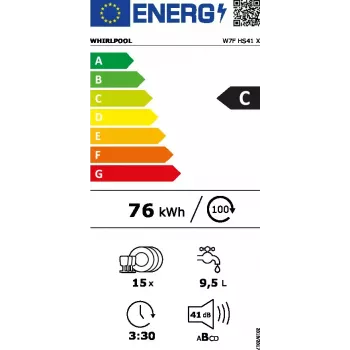 Atskirai stovinti indaplovė WHIRLPOOL W7F HS41 X — 15 vietų, 41 dB, Pilno dydžio 60 cm