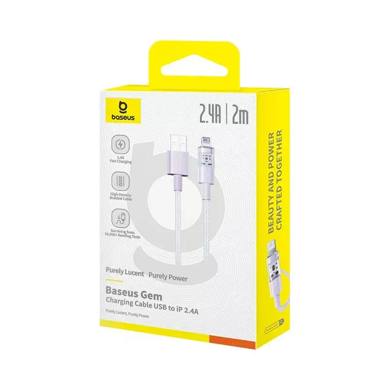USB įkrovimo laidas Baseus Gem P10373003511-01 — 2 m, 2,4 A, USB-A į Lightning, violetinis