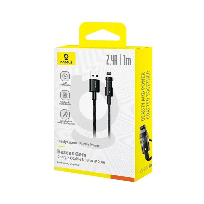 USB įkrovimo laidas Baseus Gem P10373003111-00, 1 m, 2,4 A, nailono apvalkalas, Lightning, USB-A, juoda