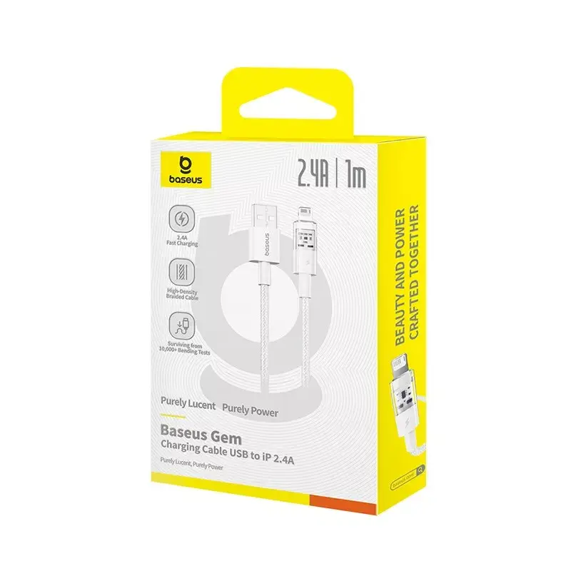 USB įkrovimo kabelis Baseus Gem P10373003211-00, 1 m, 2,4 A, Lightning/USB-A, baltas, nailono apvalkalas