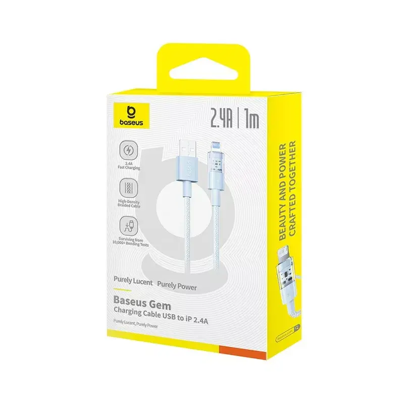 USB laidas Baseus Gem P10373003311-00 — 1 m, 2,4 A greitas įkrovimas, Lightning/USB-A, mėlynas, nailono apvalkalas