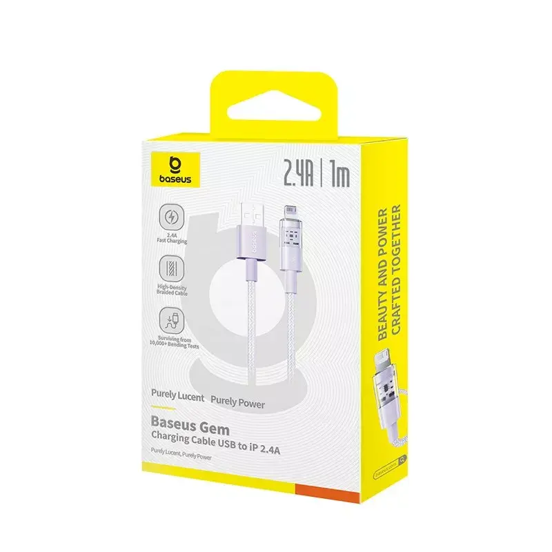 USB kabelis Baseus Gem P10373003511-00 — 1 m nailono, Lightning į USB-A, 2.4 A greitas įkrovimas, violetinis