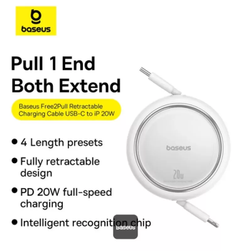 BASEUS Free2pull išplečiamas USB-C į IP Lightning greitojo įkrovimo laidas 1 m 20 W baltas