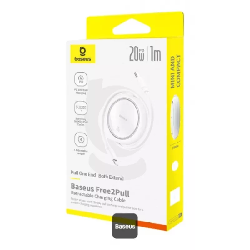 BASEUS Free2pull išplečiamas USB-C į IP Lightning greitojo įkrovimo laidas 1 m 20 W baltas