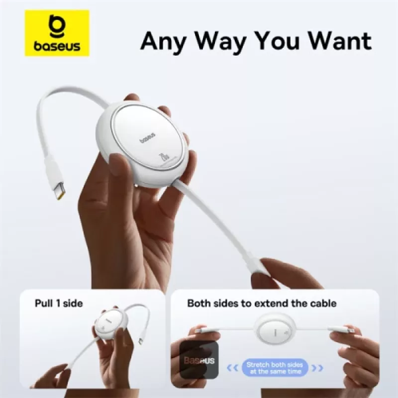 BASEUS Free2pull išplečiamas USB-C į IP Lightning greitojo įkrovimo laidas 1 m 20 W baltas