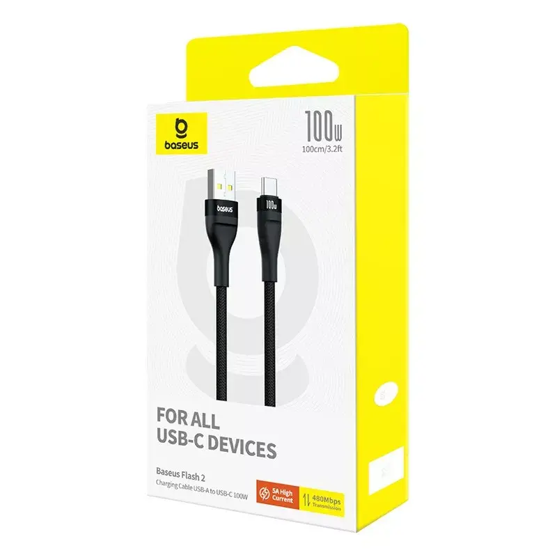USB A į USB C laidas Baseus Flash 2 1 m 100 W juodas, USB PD, 480 Mbps, nailonas