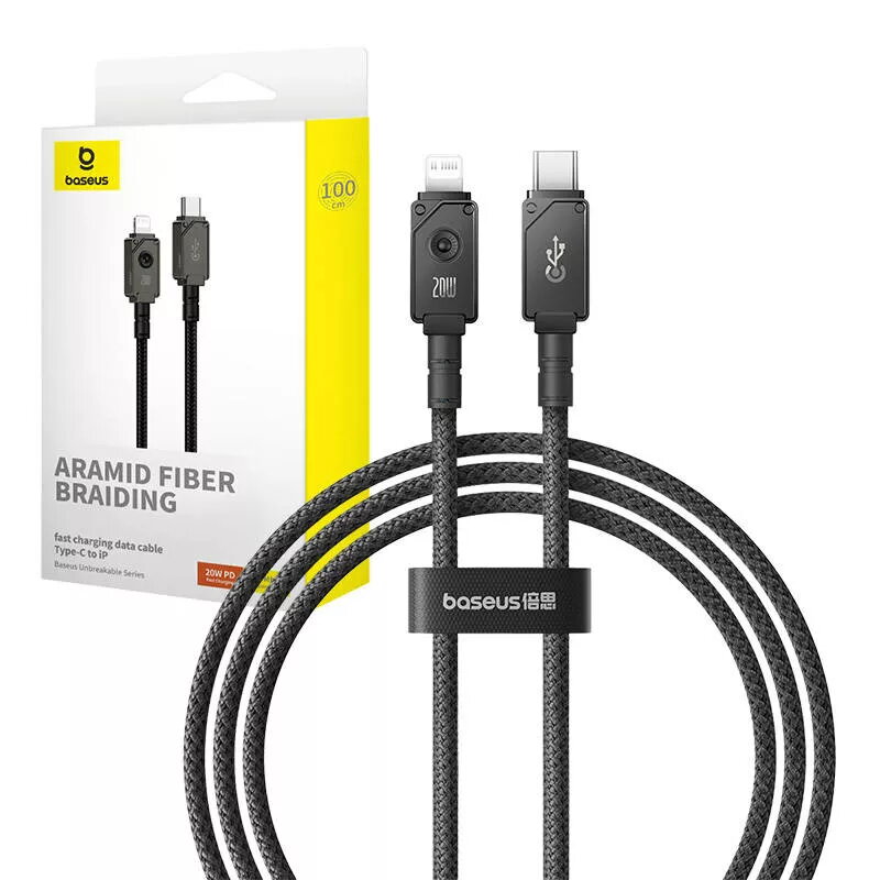 USB-C į Lightning laidas Baseus Unbreakable 1m 20W — Aramidinis pluoštas, 480 Mbit/s, juodas