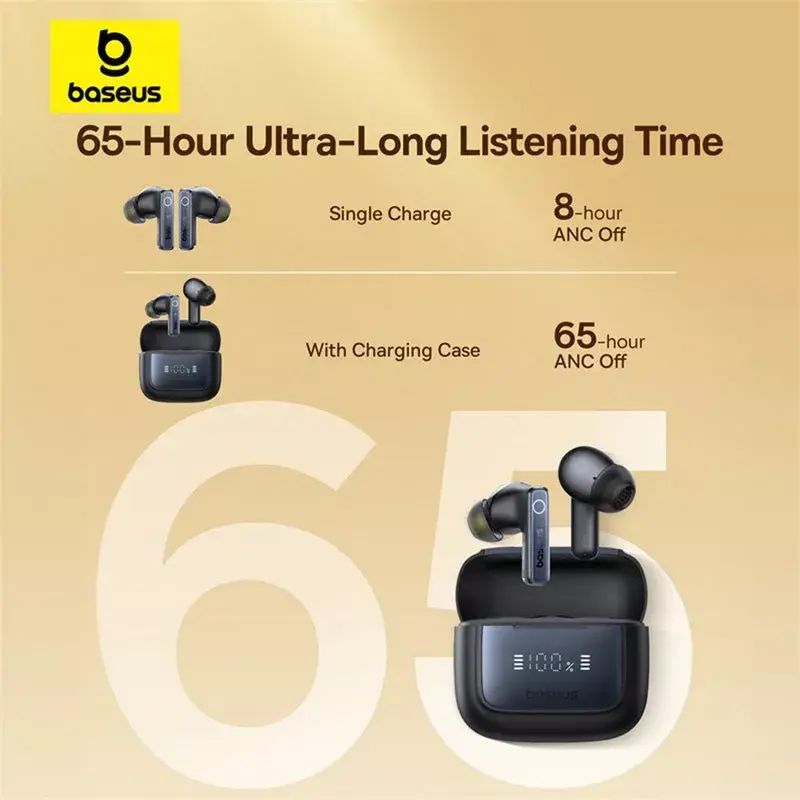 Belaidės į ausis įdedamos ausinės Baseus 35 True — Bluetooth 5.3, ANC, 8 val. atkūrimas (ANC išjungtas), 65 val. su dėklu, 800 mAh dėklas, USB-C, juoda