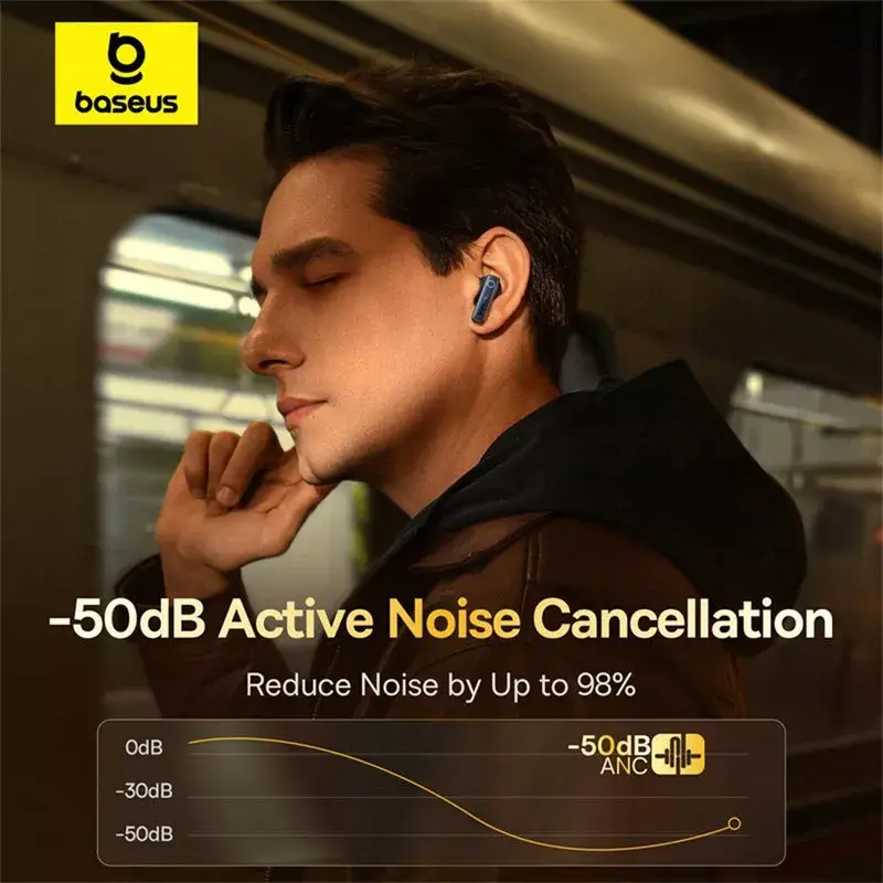 Belaidės į ausis įdedamos ausinės Baseus 35 True — Bluetooth 5.3, ANC, 8 val. atkūrimas (ANC išjungtas), 65 val. su dėklu, 800 mAh dėklas, USB-C, juoda