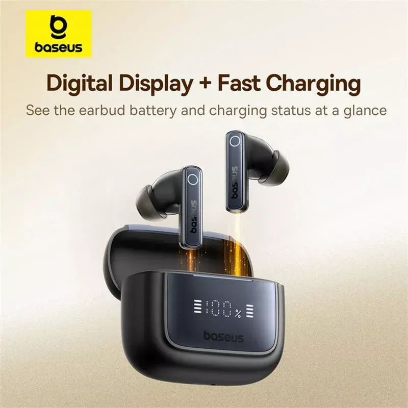 Belaidės į ausis įdedamos ausinės Baseus 35 True — Bluetooth 5.3, ANC, 8 val. atkūrimas (ANC išjungtas), 65 val. su dėklu, 800 mAh dėklas, USB-C, juoda
