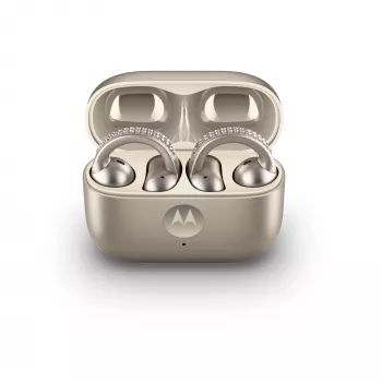 Ausinių komplektas Motorola Moto Buds Loop Bluetooth ant ausies užmaunamos binauralinės, Dolby Atmos, Bluetooth 5.0, ANC, 8 val. atkūrimo, įkrovimo dėklas 520 mAh, smėlinės spalvos