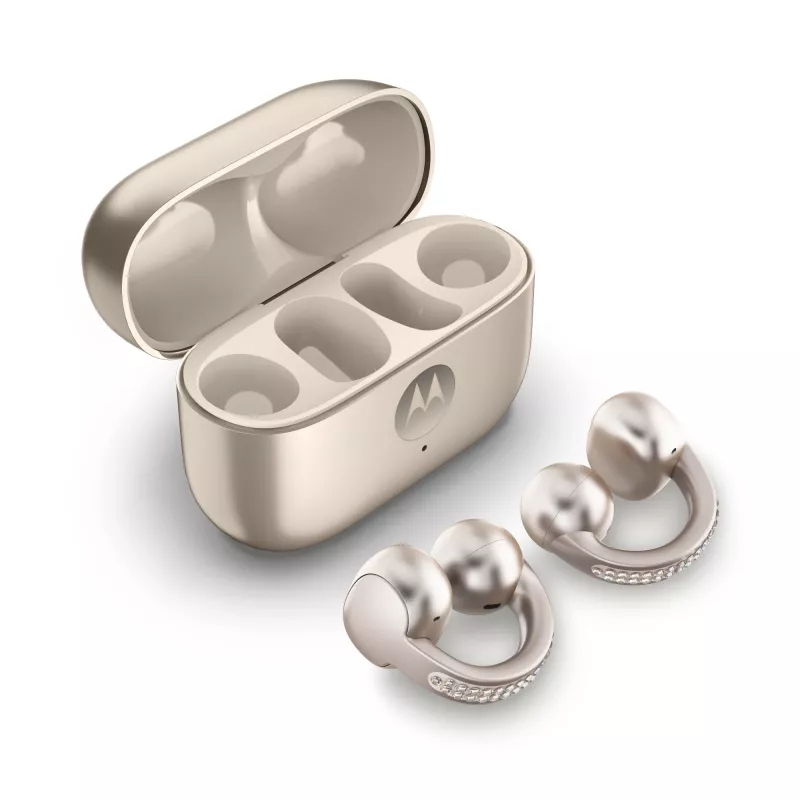 Ausinių komplektas Motorola Moto Buds Loop Bluetooth ant ausies užmaunamos binauralinės, Dolby Atmos, Bluetooth 5.0, ANC, 8 val. atkūrimo, įkrovimo dėklas 520 mAh, smėlinės spalvos