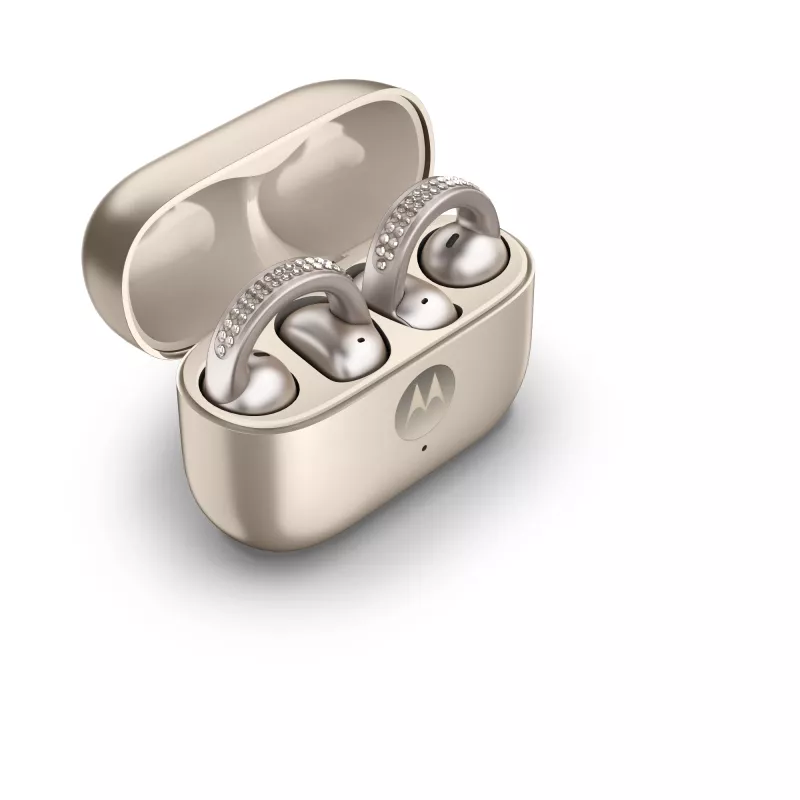 Ausinių komplektas Motorola Moto Buds Loop Bluetooth ant ausies užmaunamos binauralinės, Dolby Atmos, Bluetooth 5.0, ANC, 8 val. atkūrimo, įkrovimo dėklas 520 mAh, smėlinės spalvos