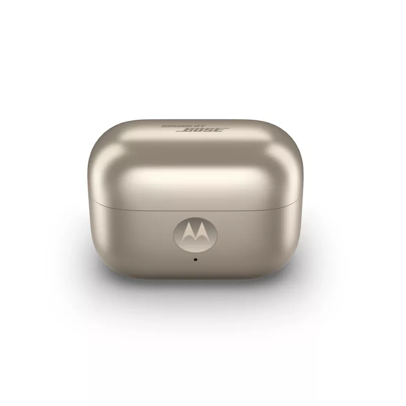 Ausinių komplektas Motorola Moto Buds Loop Bluetooth ant ausies užmaunamos binauralinės, Dolby Atmos, Bluetooth 5.0, ANC, 8 val. atkūrimo, įkrovimo dėklas 520 mAh, smėlinės spalvos