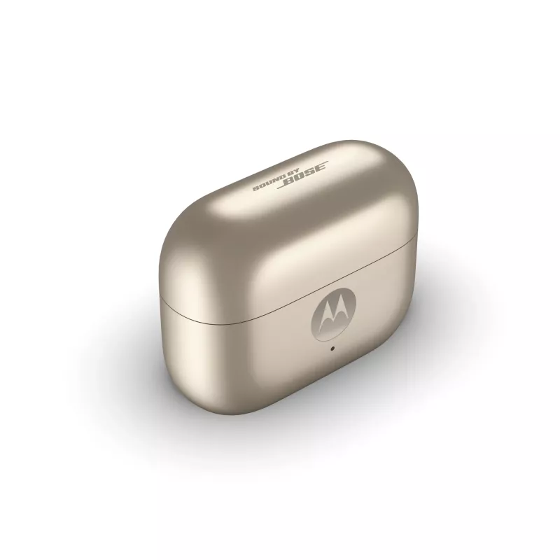 Ausinių komplektas Motorola Moto Buds Loop Bluetooth ant ausies užmaunamos binauralinės, Dolby Atmos, Bluetooth 5.0, ANC, 8 val. atkūrimo, įkrovimo dėklas 520 mAh, smėlinės spalvos