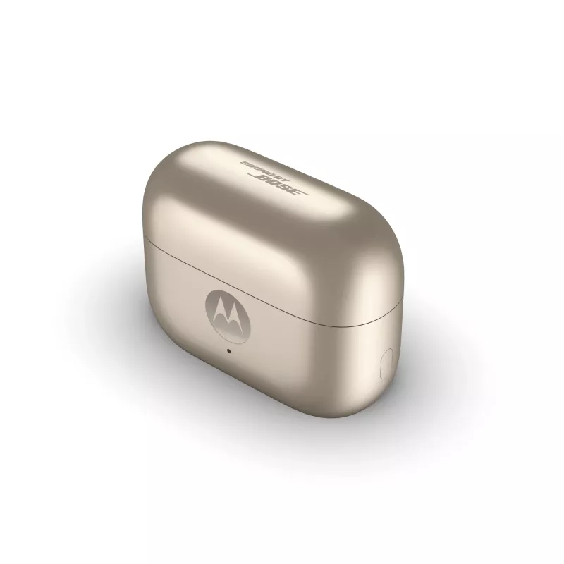 Ausinių komplektas Motorola Moto Buds Loop Bluetooth ant ausies užmaunamos binauralinės, Dolby Atmos, Bluetooth 5.0, ANC, 8 val. atkūrimo, įkrovimo dėklas 520 mAh, smėlinės spalvos
