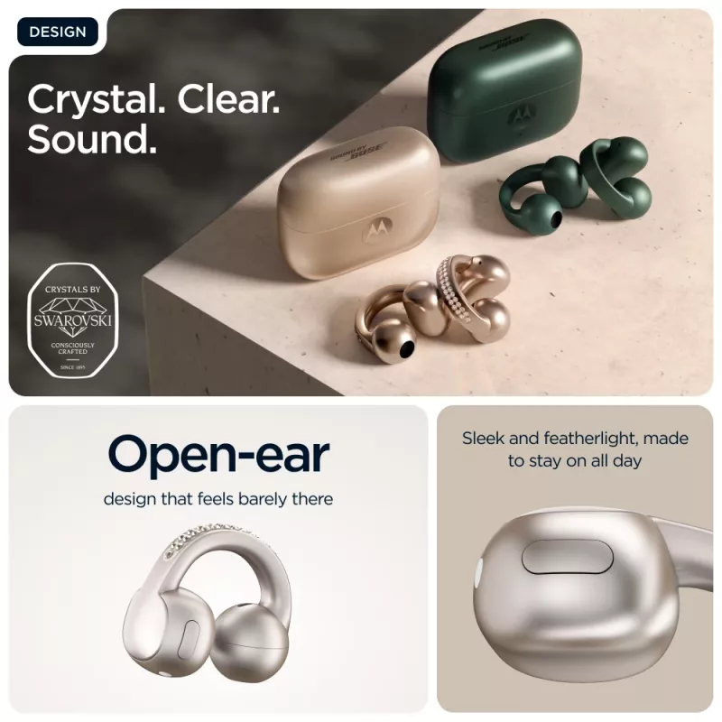Ausinių komplektas Motorola Moto Buds Loop Bluetooth ant ausies užmaunamos binauralinės, Dolby Atmos, Bluetooth 5.0, ANC, 8 val. atkūrimo, įkrovimo dėklas 520 mAh, smėlinės spalvos