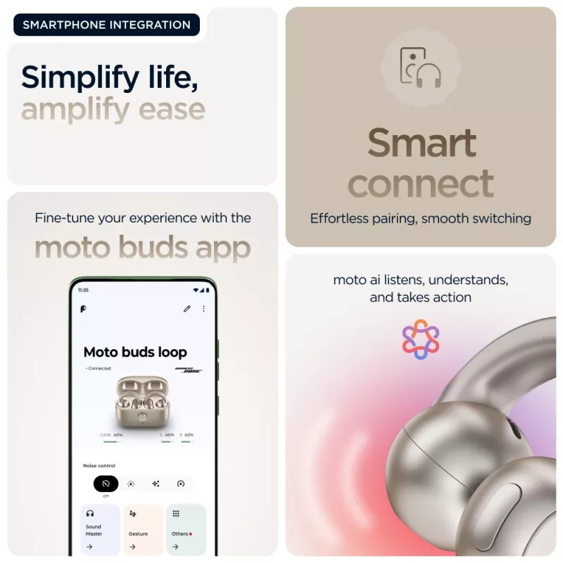 Ausinių komplektas Motorola Moto Buds Loop Bluetooth ant ausies užmaunamos binauralinės, Dolby Atmos, Bluetooth 5.0, ANC, 8 val. atkūrimo, įkrovimo dėklas 520 mAh, smėlinės spalvos