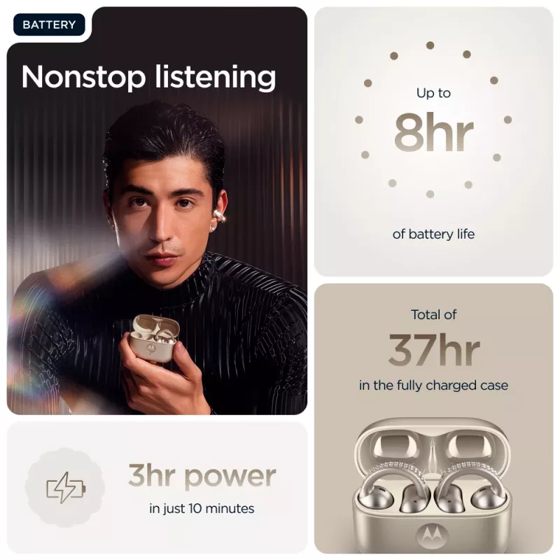 Ausinių komplektas Motorola Moto Buds Loop Bluetooth ant ausies užmaunamos binauralinės, Dolby Atmos, Bluetooth 5.0, ANC, 8 val. atkūrimo, įkrovimo dėklas 520 mAh, smėlinės spalvos