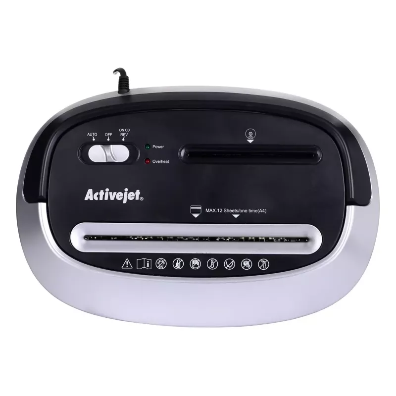 Popieriaus smulkintuvas ActiveJet ASH-1201D, juostelinis pjovimas 5 x 38 mm, 22 cm įvestis, 12 lapų talpa, 25 l krepšys, P-3, juodas