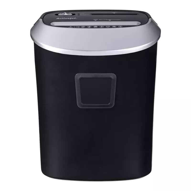 Popieriaus smulkintuvas ActiveJet ASH-1201D, juostelinis pjovimas 5 x 38 mm, 22 cm įvestis, 12 lapų talpa, 25 l krepšys, P-3, juodas