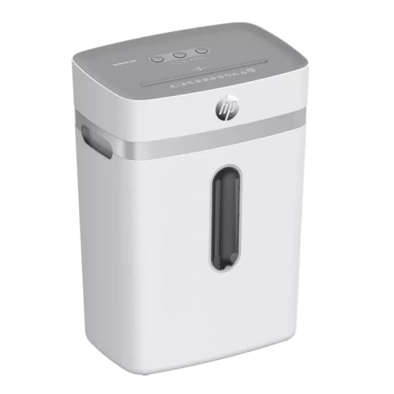 Popieriaus smulkintuvas HP OneShred 12CC dalelių pjovimo P-4 12 lapų talpa 22 cm plotis 23 L krepšys 4×35 mm 65 dB Balta