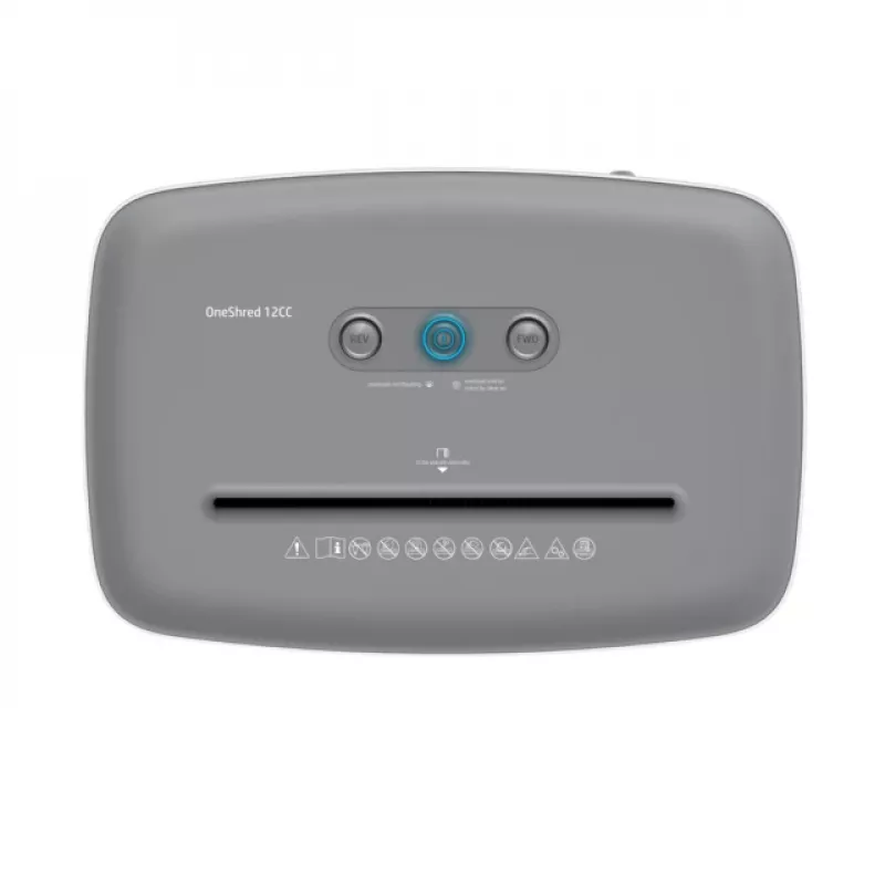 Popieriaus smulkintuvas HP OneShred 12CC dalelių pjovimo P-4 12 lapų talpa 22 cm plotis 23 L krepšys 4×35 mm 65 dB Balta