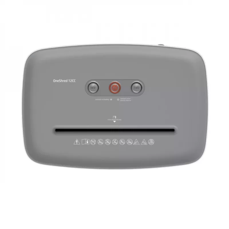 Popieriaus smulkintuvas HP OneShred 12CC dalelių pjovimo P-4 12 lapų talpa 22 cm plotis 23 L krepšys 4×35 mm 65 dB Balta
