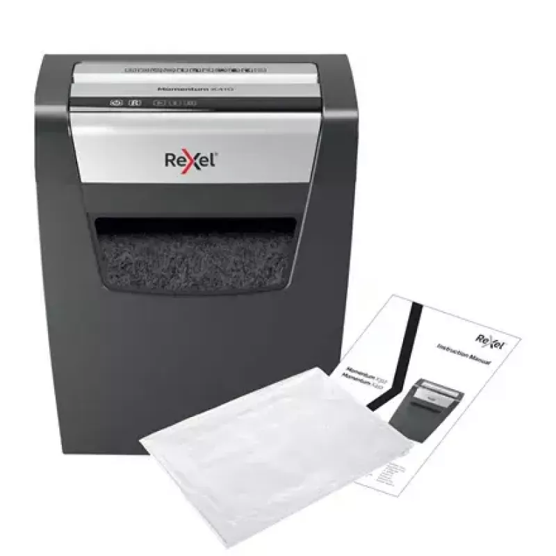 Popieriaus smulkintuvas REXEL Momentum X410 — dalelių pjūvis P-4, 4 x 28 mm, 10 lapų talpa, 23 l krepšys, apsauga nuo užstrigimo
