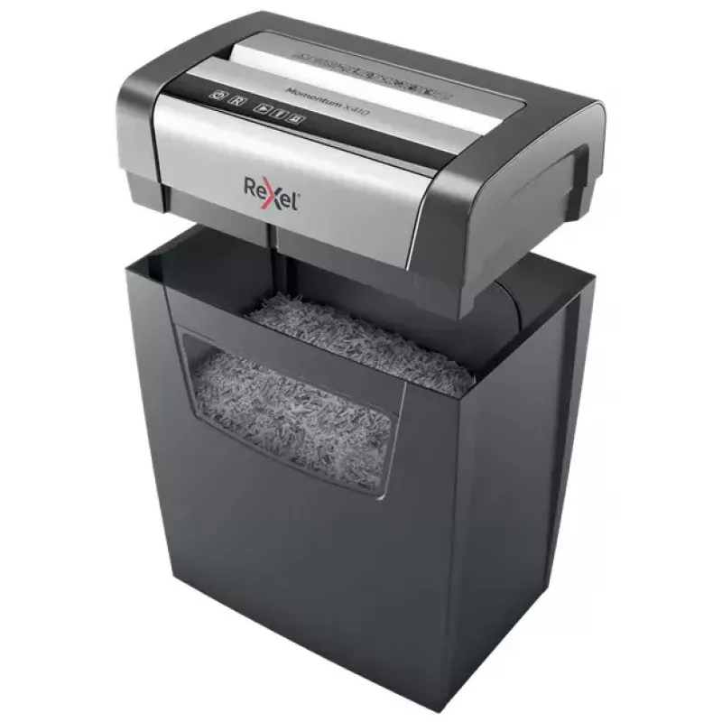 Popieriaus smulkintuvas REXEL Momentum X410 — dalelių pjūvis P-4, 4 x 28 mm, 10 lapų talpa, 23 l krepšys, apsauga nuo užstrigimo