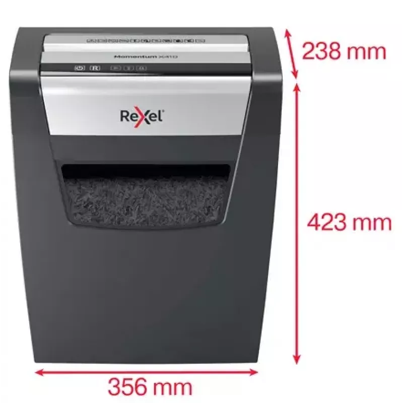 Popieriaus smulkintuvas REXEL Momentum X410 — dalelių pjūvis P-4, 4 x 28 mm, 10 lapų talpa, 23 l krepšys, apsauga nuo užstrigimo