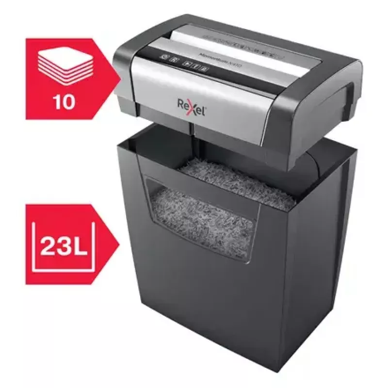 Popieriaus smulkintuvas REXEL Momentum X410 — dalelių pjūvis P-4, 4 x 28 mm, 10 lapų talpa, 23 l krepšys, apsauga nuo užstrigimo